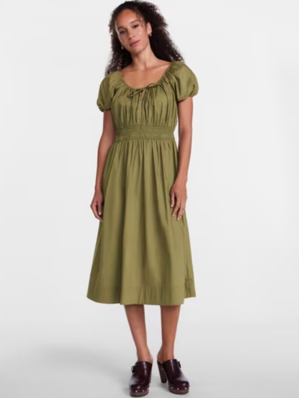 Scenario Women's and Women's Plus Smocked Waist Peasant Midi Dress with Puff Sle